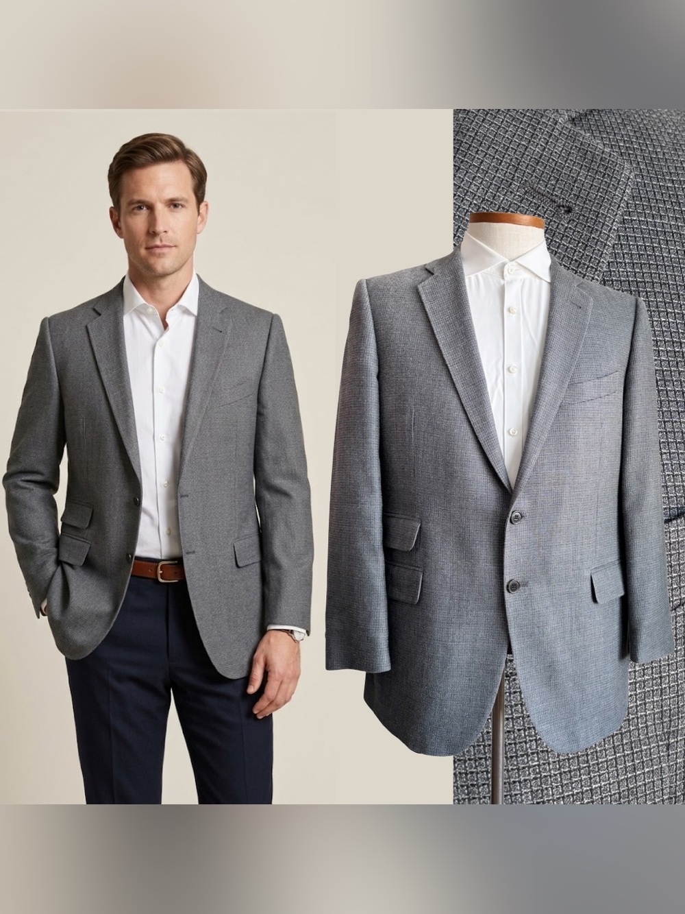 Joseph Abboud Silk Wool Grey Micro Check Blazer Sport Coat Suit Jacket USA 42R